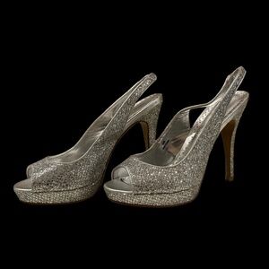 High Heels Platform Dress Silver Sparkle Glitter Peep Toe Pumps Shoes Size 8 1/2